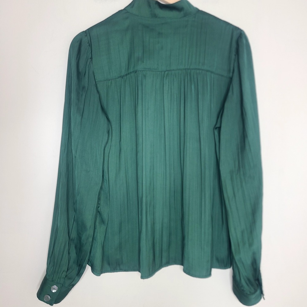 Anthropologie Women's M Green Relaxed Shimmer Long Sleeve Pleated Satin Blouse - Picture 4 of 7